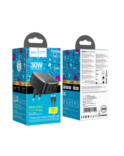Сетевое Зарядное Устройство Hoco CS33A 1USB/2USB-C PD/QC 30W+Type-C to Lightning