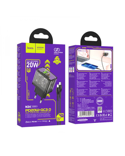 Сетевое Зарядное Устройство Hoco N34 Dazzling PD20W+QC3.0 Type-C to Lightning