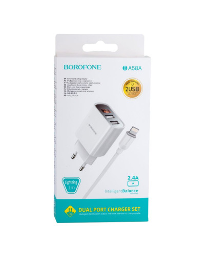 Сетевое Зарядное Устройство Borofone BA58A Digital Display Lightning 2USB 2.4A