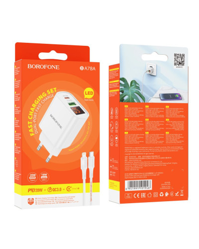 Сетевое Зарядное Устройство Borofone BA78A PD20W+QC3.0 digital display Type-C to Lightning