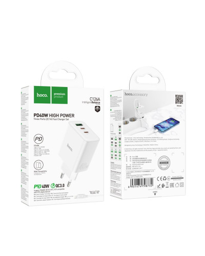 Сетевое Зарядное Устройство Hoco C126A Pure PD+QC 40W(2C1A) Type C to Lightning