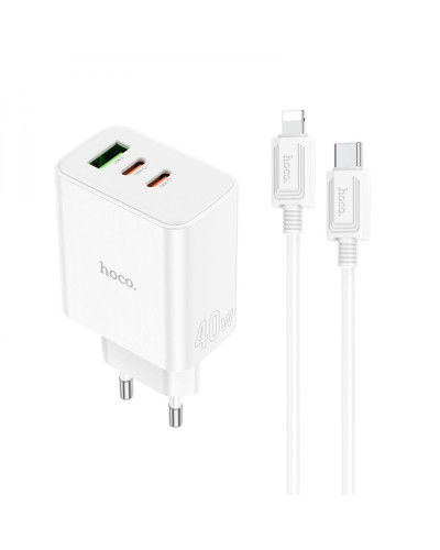 Сетевое Зарядное Устройство Hoco C126A Pure PD+QC 40W(2C1A) Type C to Lightning