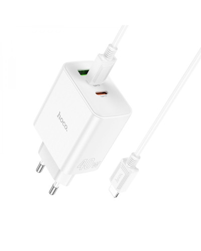 Сетевое Зарядное Устройство Hoco C126A Pure PD+QC 40W(2C1A) Type C to Lightning