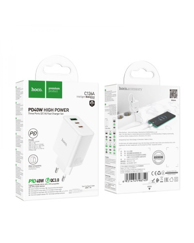 Сетевое Зарядное Устройство Hoco C126A Pure PD+QC 40W(2C1A) Type C to Type C