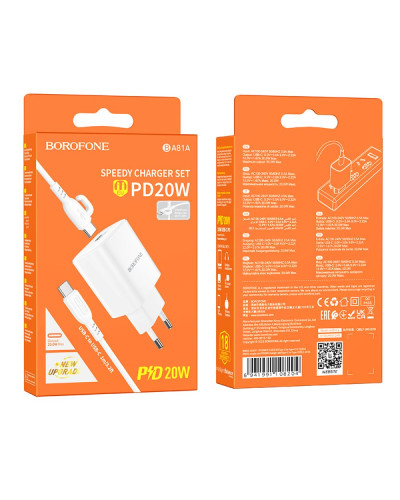 Сетевое Зарядное Устройство Borofone BA81A 1USB-C PD/QC 20W+Type-C to Type-C