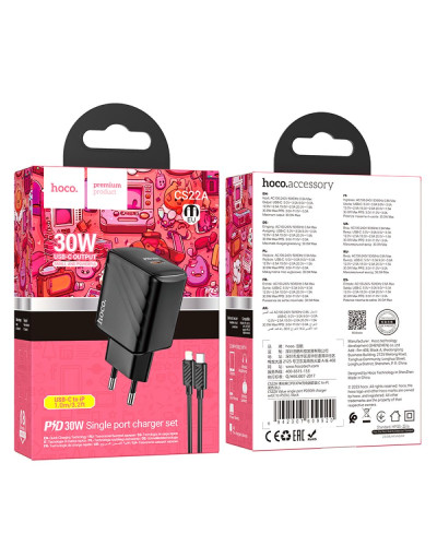 Сетевое Зарядное Устройство Hoco CS22A 1USB-C PD/QC 30W+Type-C to Lightning