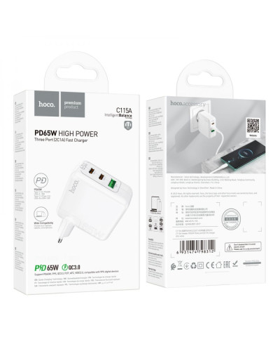 Сетевое Зарядное Устройство Hoco C115A Header PD65W/QC (2C1A) GAN