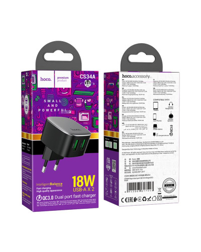 Сетевое Зарядное Устройство Hoco CS34A 2USB QC 18W