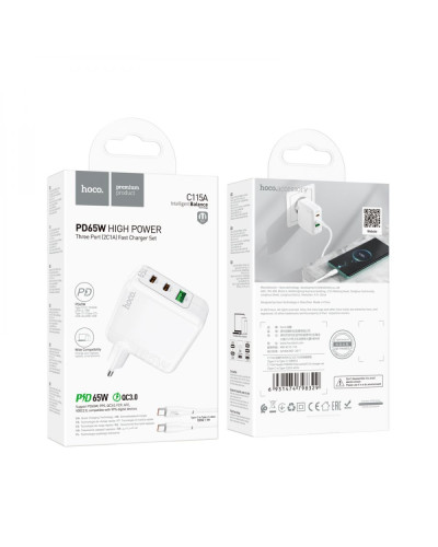 Сетевое Зарядное Устройство Hoco C115A Header PD65W/QC (2C1A) GAN Type-C to Type-C