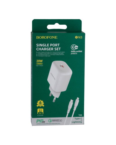 Сетевое Зарядное Устройство Borofone BN3 Premium PD 20W Type-C to Lightning QC3.0